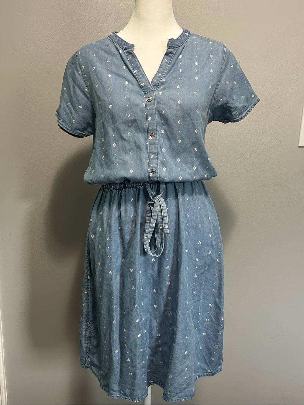 Blue Denim Tencel Dress Flower Polka Dots Tie Waist Soft Draping Cottagecore S